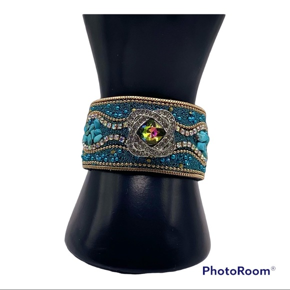 Turquoise & Gold Boho Cuff Bracelet w/ Multicolored Sparkling 18mm Ginger Snap! - Picture 9 of 16